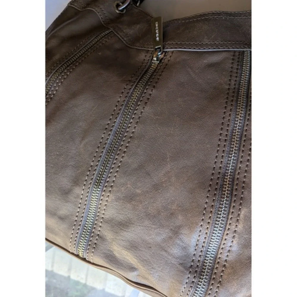 Michael Kors Hobo Shoulder Bag Side Expandable Zippers Distressed Leather Beige